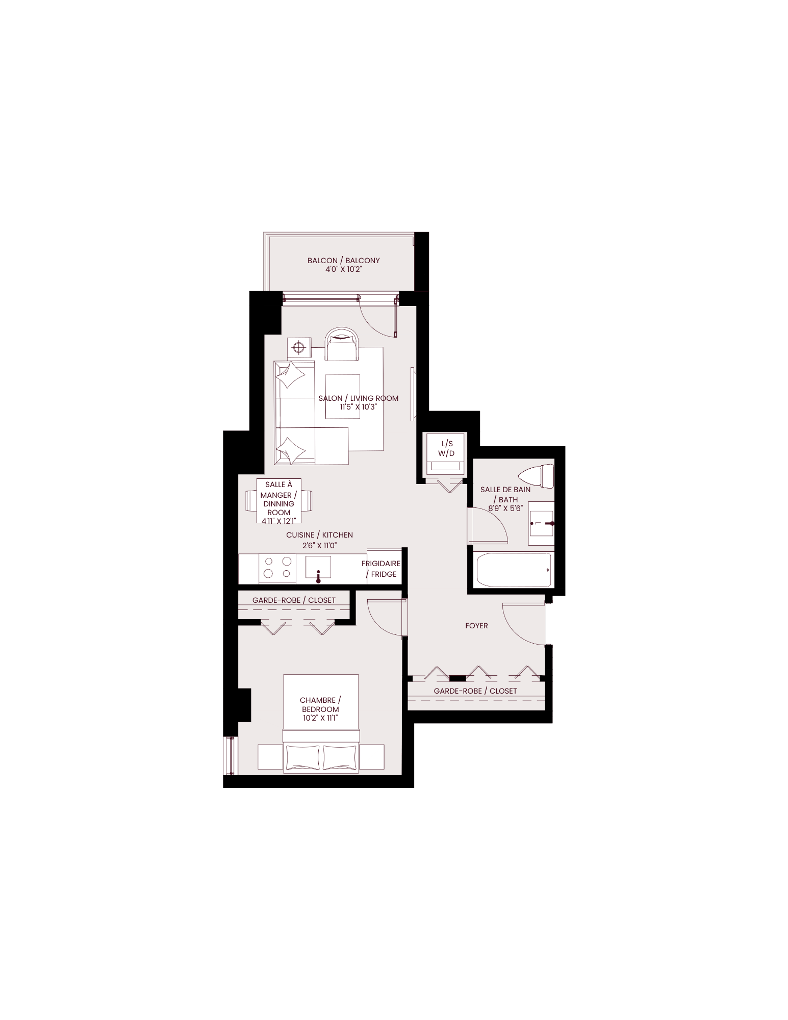 Floor plan for 1 bed, 1 bath, 595 sqft